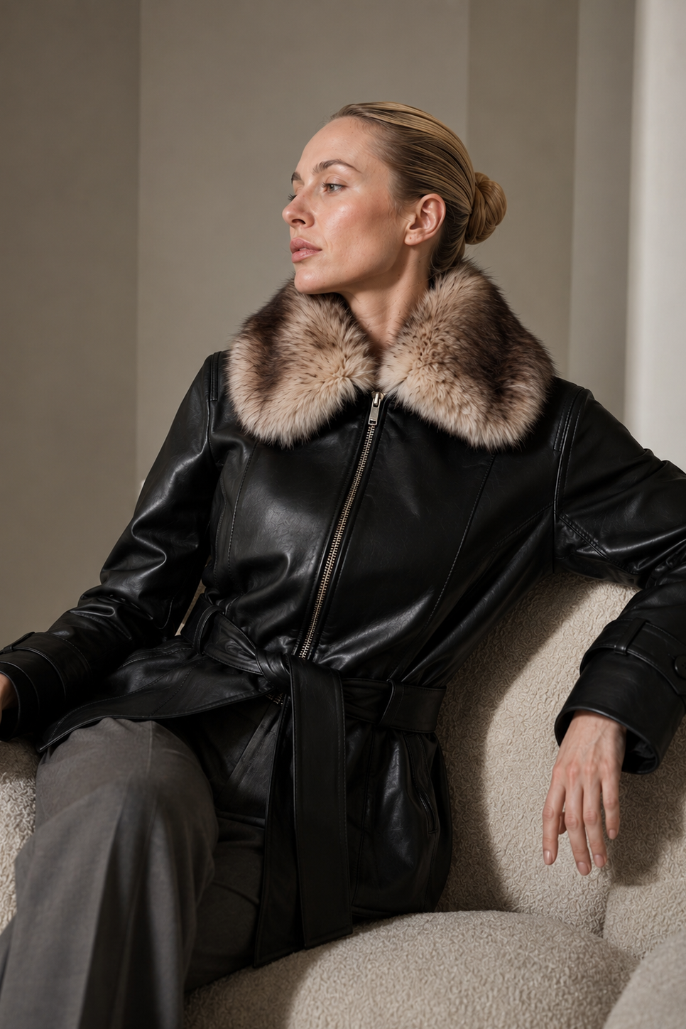 Luxusní bunda s páskem z kůže nappa s kožešinovým límcem z pravé lišky. Leather jacket napapá with collar from real for. Short belted coat
