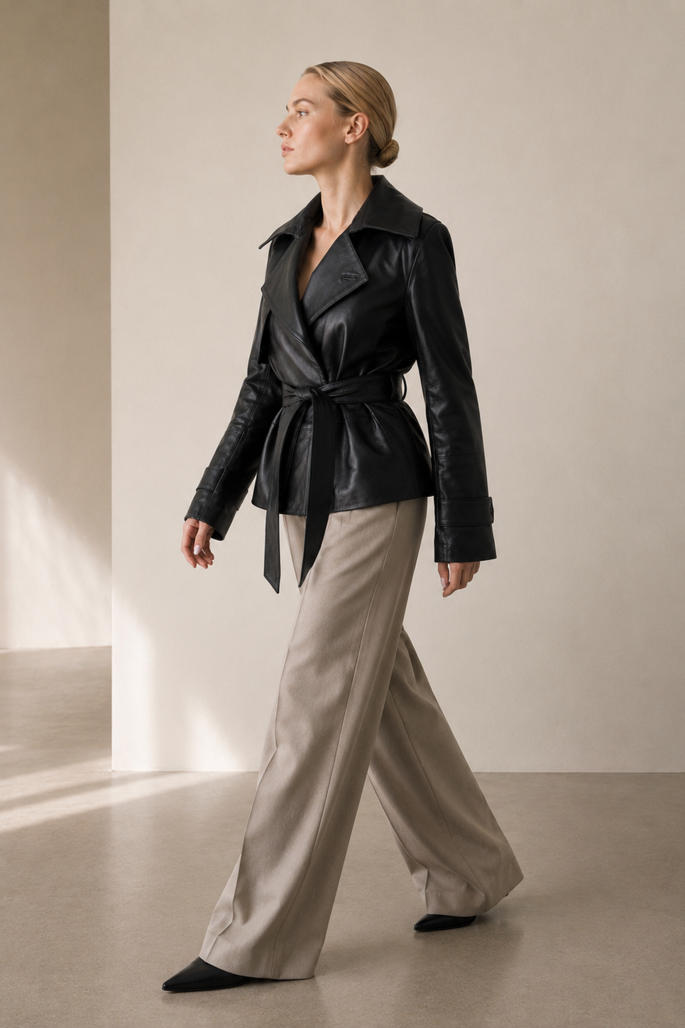 short belted black blazer from Napa leather soft with belt krátké sako s páskem z prémiové kůže nappa na modelce on model