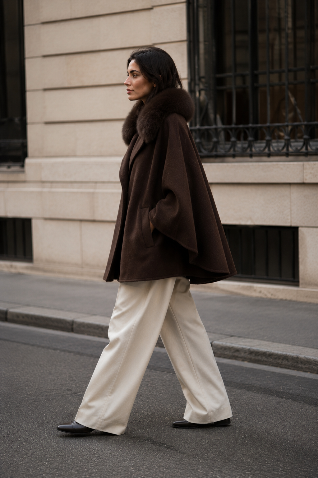poncho in chocolate brown with collar from real fox pončo v čokoládové barvě s límcem z pravé kožešiny